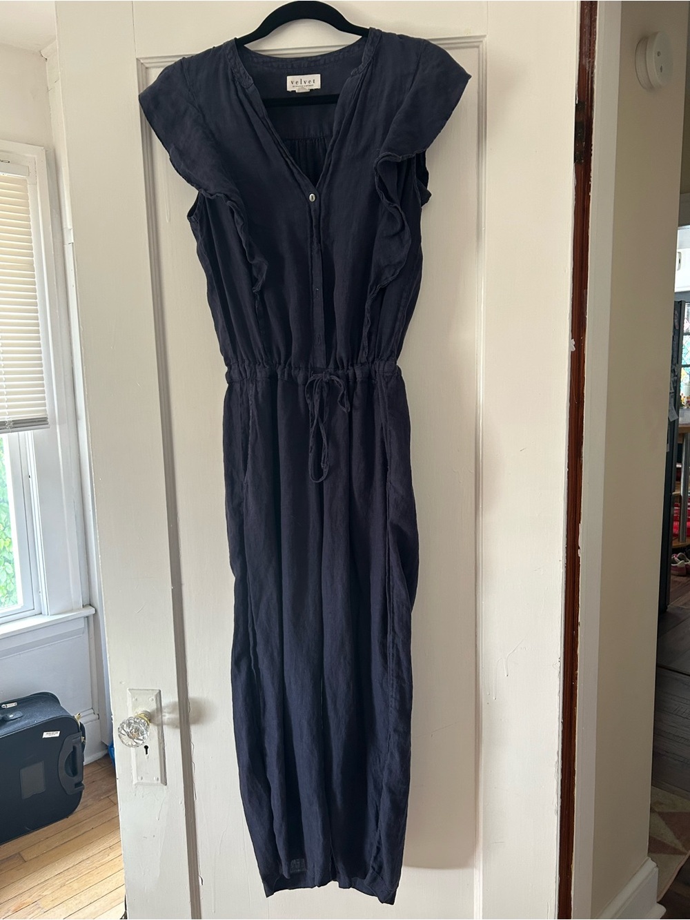 100% Linen Velvet by Spencer & Graham navy blue romper